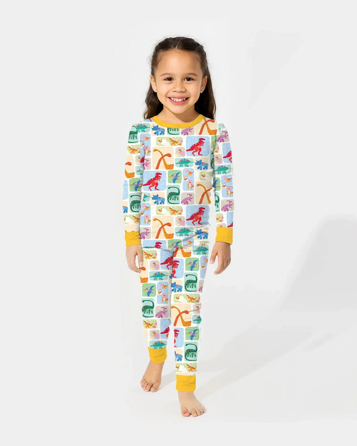 Rainbow Dino Friends Family Matching Bamboo Two Piece Long Sleeve Pajama Set