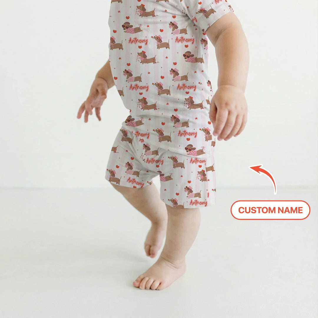 Custom Name Valentine Dachshund Family Matching Bamboo Two Piece Short Sleeve Shorts Pajama Set