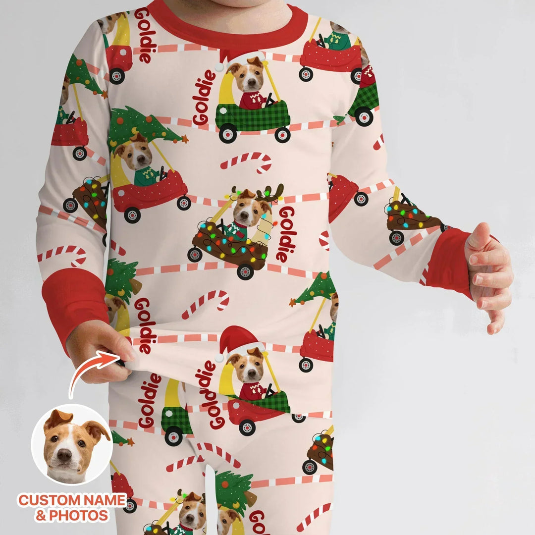 Custom Pet Photo Christmas Tikes Car Bamboo Two Piece Long Sleeve Pajama Set