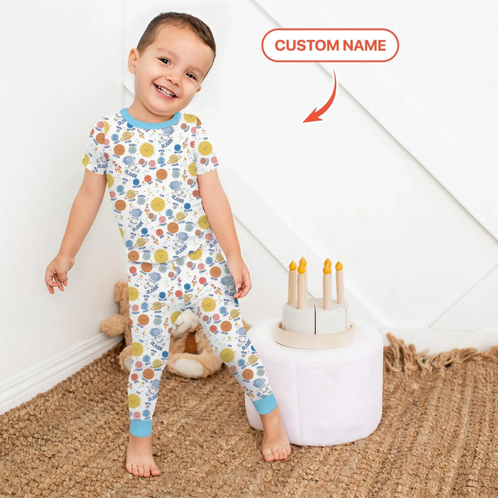 Custom Name Little's Kid into Universer Bamboo Two Piece Short Sleeve Pajama Set