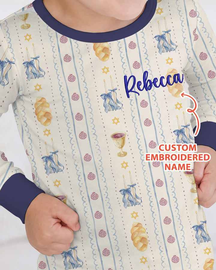Custom Embroidered Name Shabbat Matching With Mom Bamboo Two Piece Long Sleeve Pajama Set