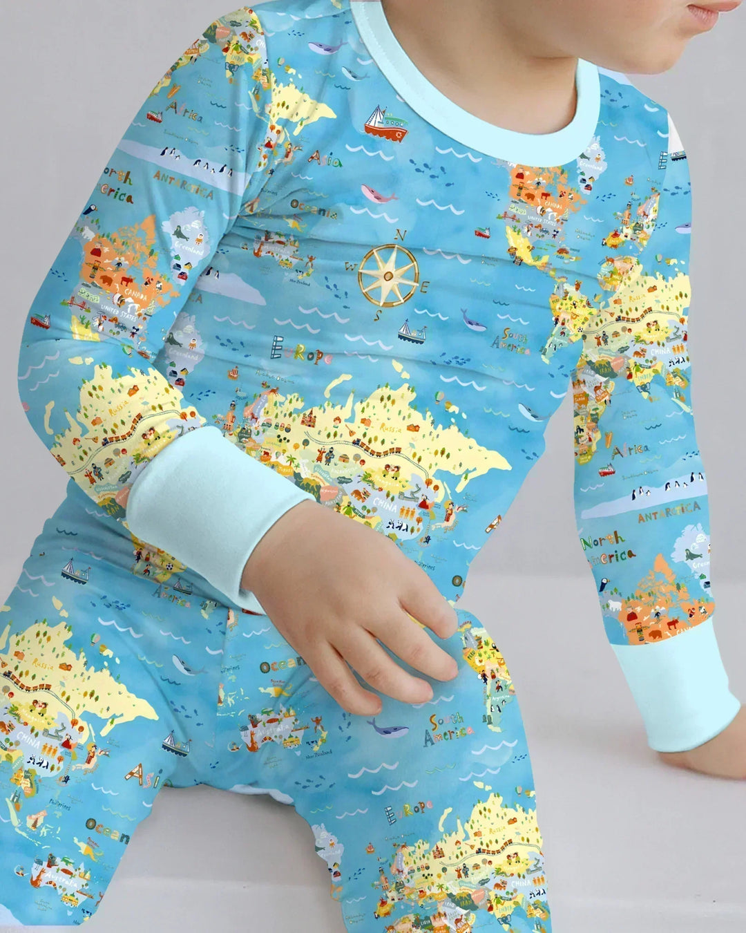 Whimsical World Map Family Matching Bamboo Two Piece Long Sleeve Pajama Set