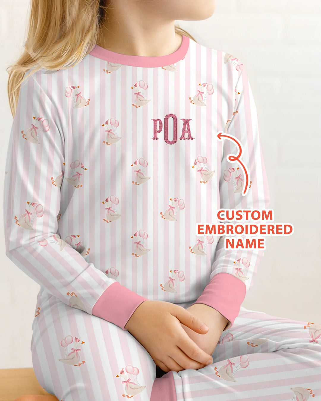 Custom Name Embroidered Birthday Girl Bamboo Two Piece Long Sleeve Pajama Set