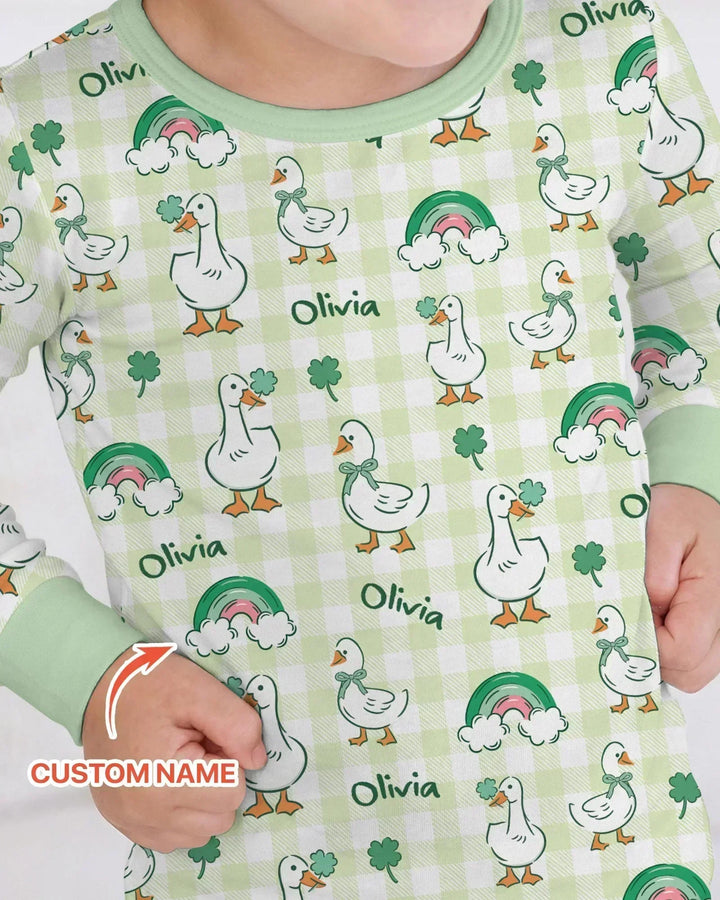 Custom Name Lucky Ducks Bamboo Two Piece Long Sleeve Pajama Set