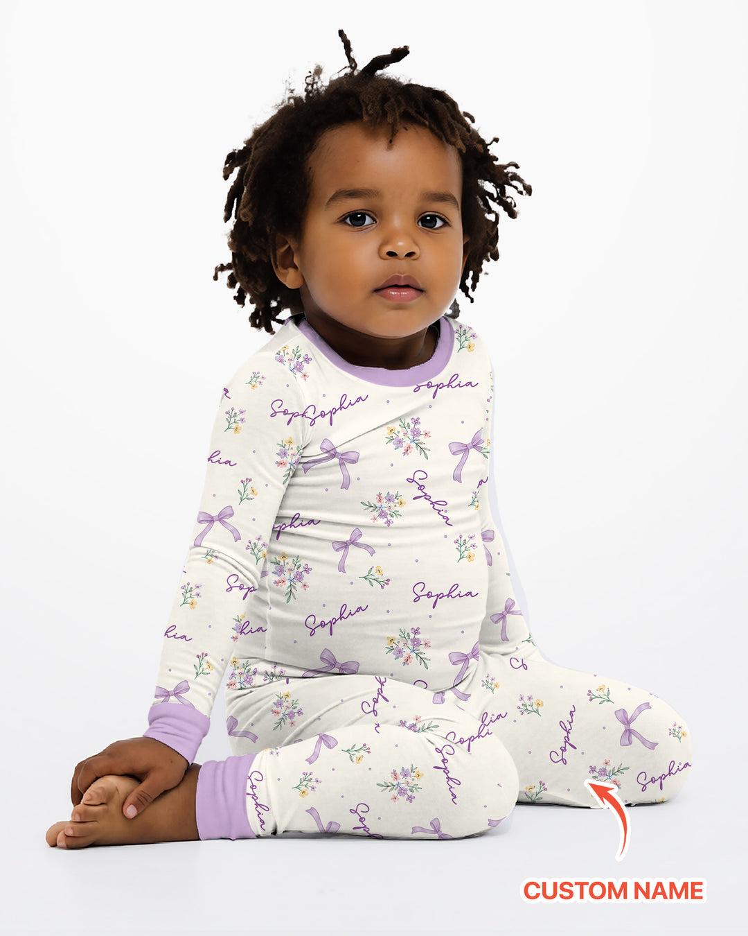 Pastel Ditsy Floral Bow Bamboo Two Piece Long Sleeve Pajama Set