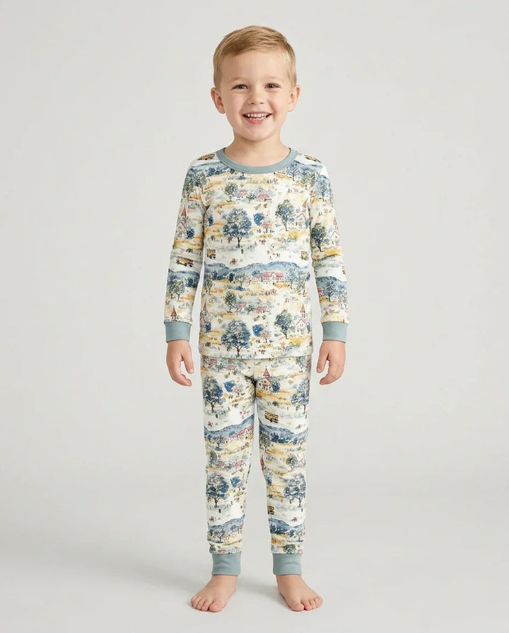 Whimsical Watercolor School Village Bamboo Two Piece Long Sleeve Pajama Set