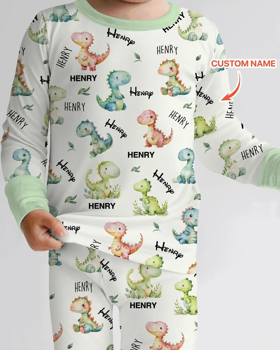Dinosaur Custom Name Bamboo Two Piece Long Sleeve Pajama Set
