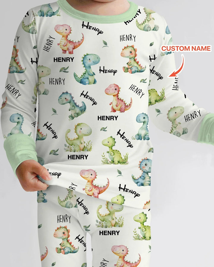 Dinosaur Custom Name Bamboo Two Piece Long Sleeve Pajama Set