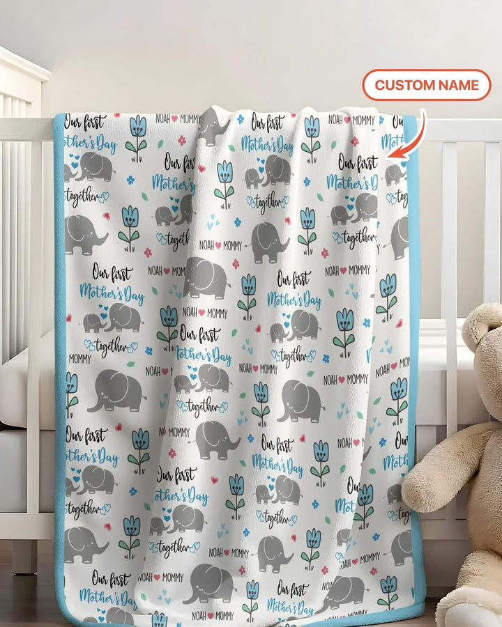 Custom Name Elephant Our First Mother's Day Bamboo Blanket