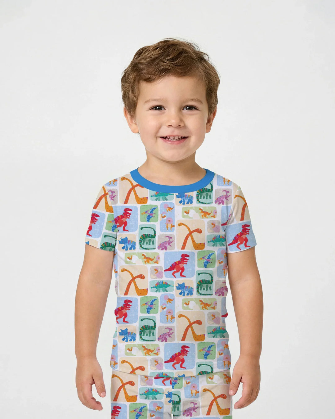 Rainbow Dino Friends Family Matching Bamboo Two Piece Short Sleeve Pajama Set