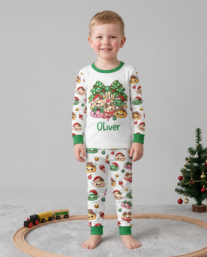 Custom Name Christmas Dumpling The Bow Bamboo Two Piece Long Sleeve Pajama Set