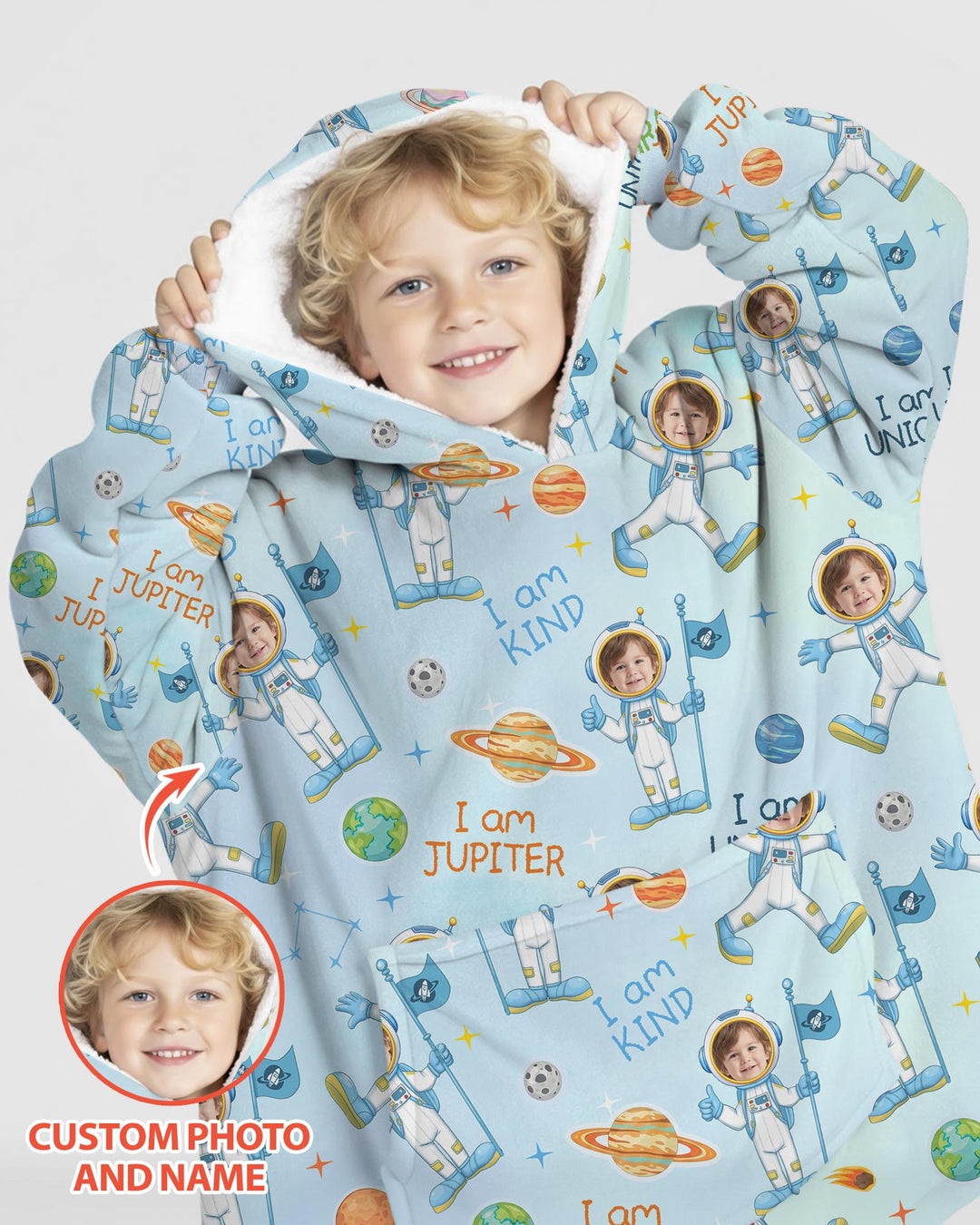 Custom Photo Kid Affirmations I Am Kind Astronaut Bamboo Blanket Hoodie