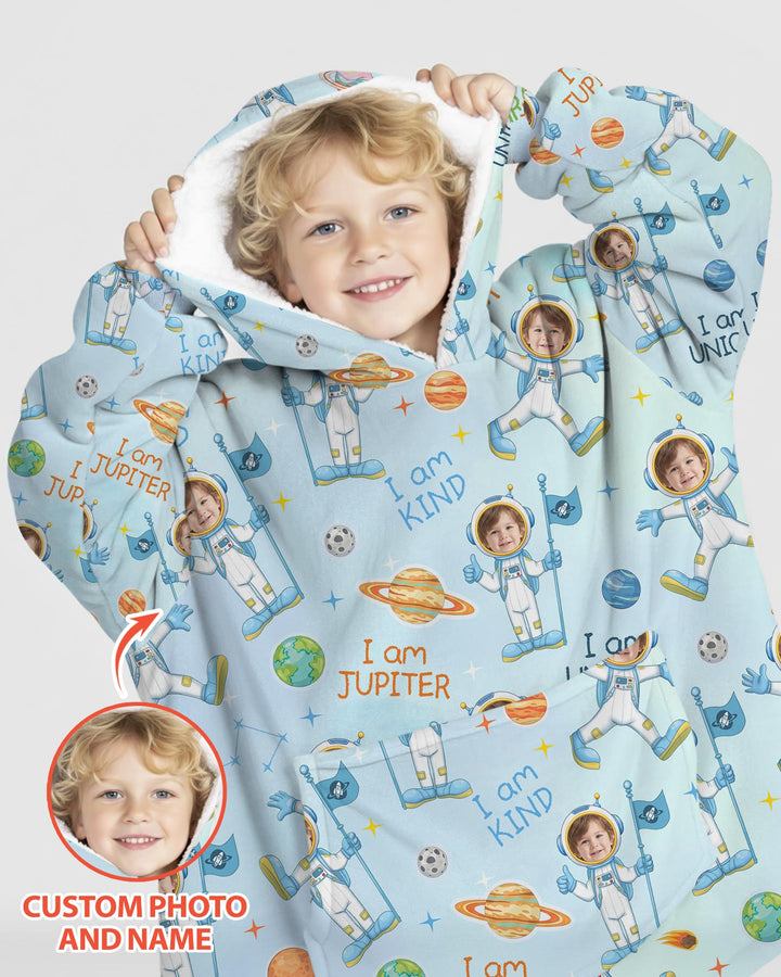 Custom Photo Kid Affirmations I Am Kind Astronaut Bamboo Blanket Hoodie
