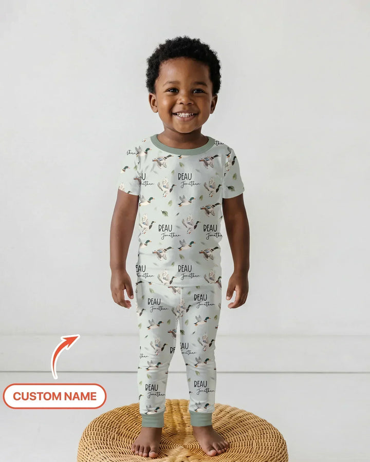 Custom Name Mallard Duck Bamboo Two Piece Short Sleeve Pajama Set