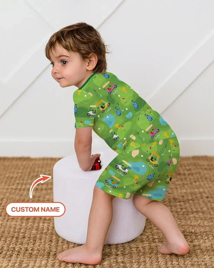 Custom Name Golf Season Family Matching Bamboo Two Piece Short Sleeve Shorts Pajama Set