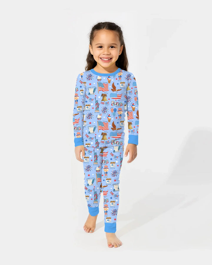 Hand Drawn Patriotic Iconic Bamboo Two Piece Long Sleeve Pajama Set