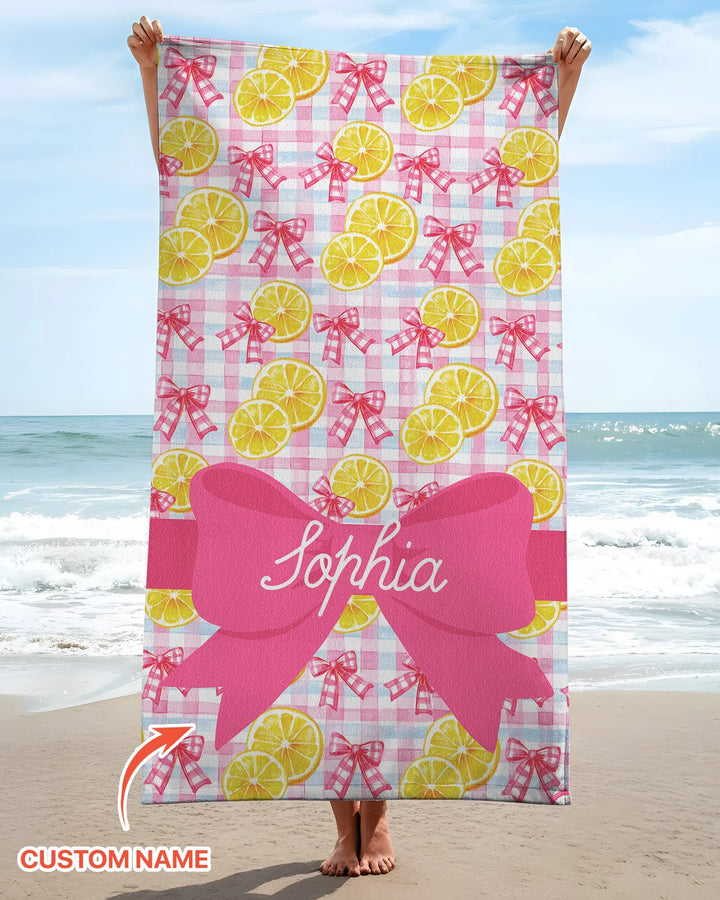 Custom Name Pink Lemons Bows Checkered Bamboo Beach Towel