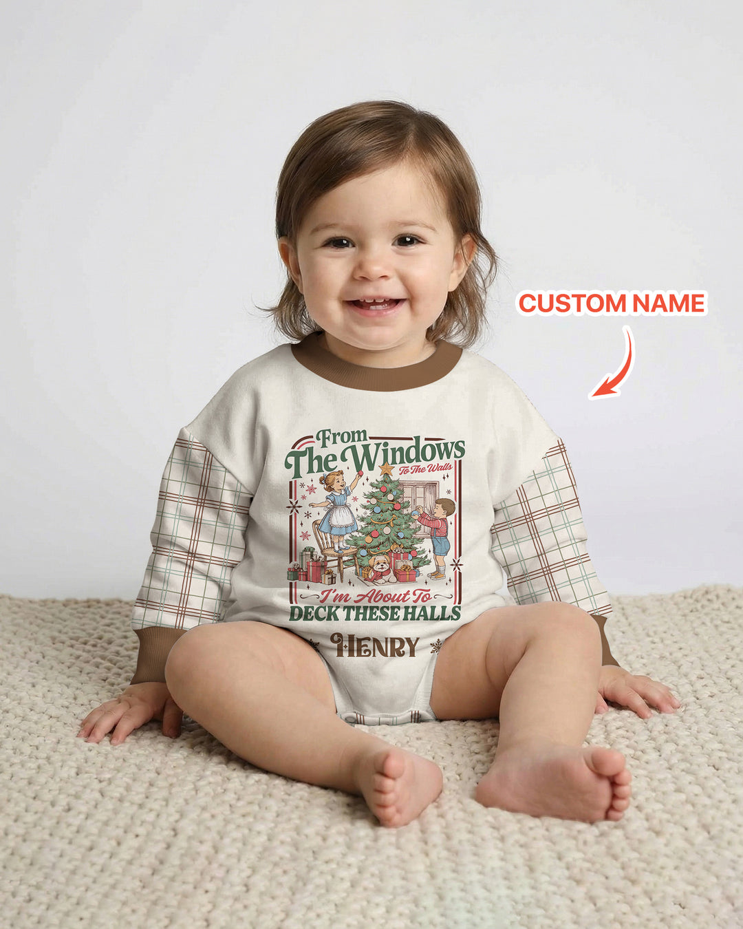 Custom Name Vintage Deck The Halls Bamboo Bubble Romper