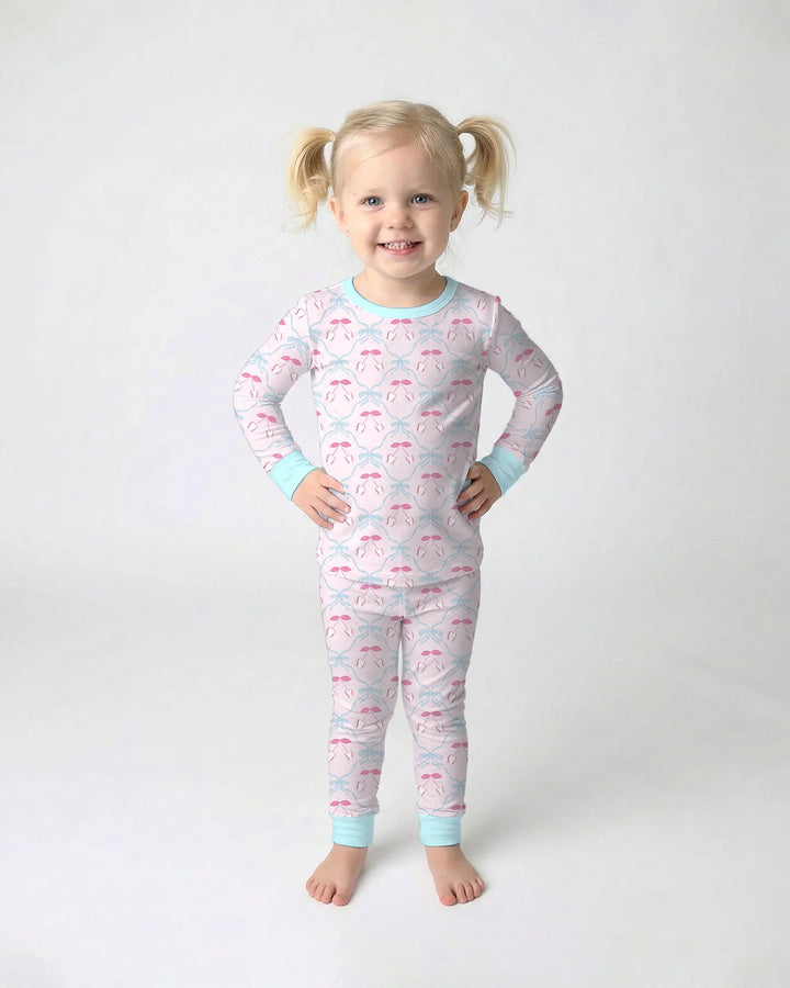 Cherry Baseball Softball Mom and Girl Matching Bamboo Two Piece Long Sleeve Pajama Set