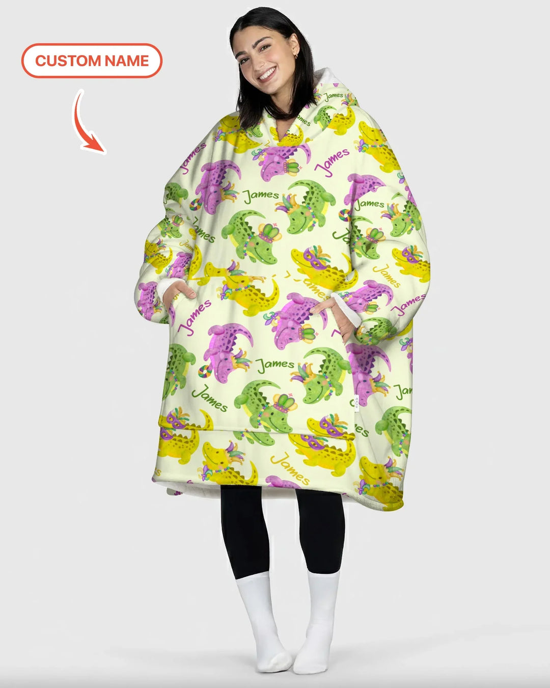 Custom Name Mardi Gras Alligator Wearable Bamboo Blanket Hoodie