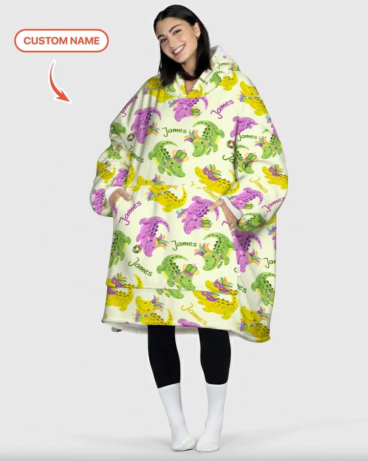 Custom Name Mardi Gras Alligator Wearable Bamboo Blanket Hoodie