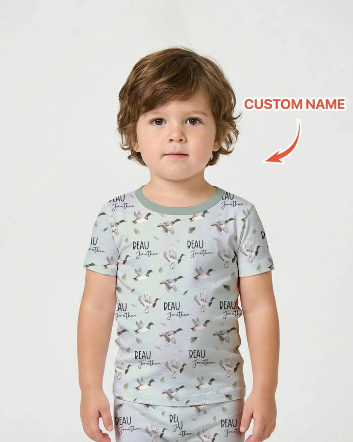 Custom Name Mallard Duck Bamboo Two Piece Short Sleeve Shorts Pajama Set