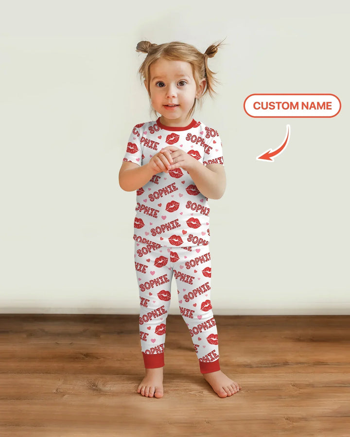 Custom Name Valentine Kiss Bamboo Two Piece Short Sleeve Pajama Set
