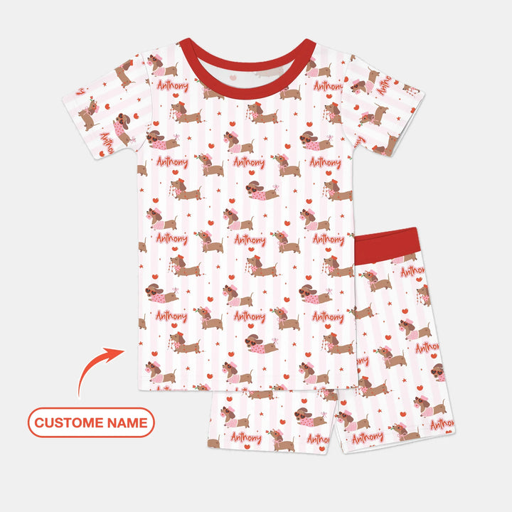 Custom Name Valentine Dachshund Family Matching Bamboo Two Piece Short Sleeve Shorts Pajama Set