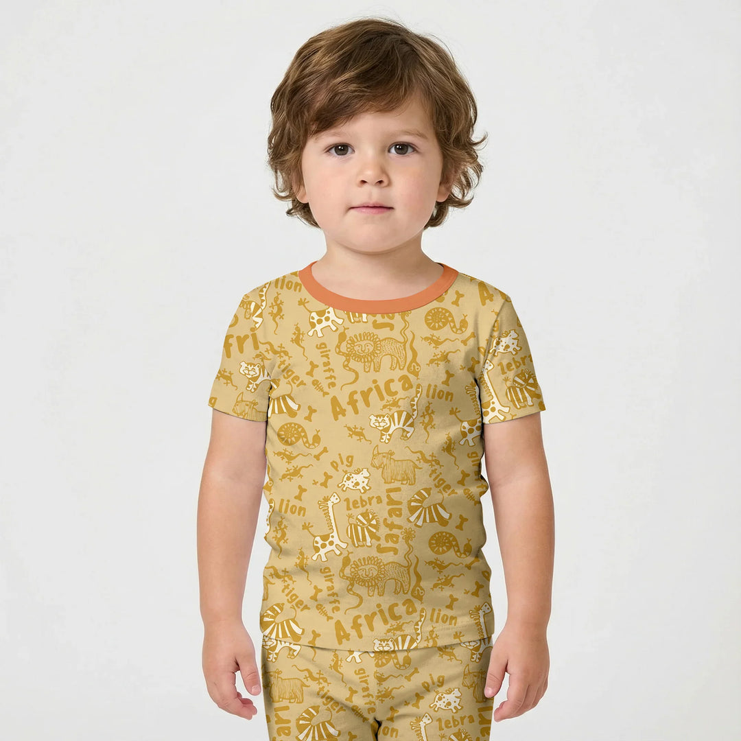Handdrawn African Animals Bamboo Two Piece Short Sleeve Shorts Pajama Set