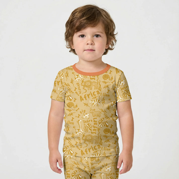 Handdrawn African Animals Bamboo Two Piece Short Sleeve Shorts Pajama Set