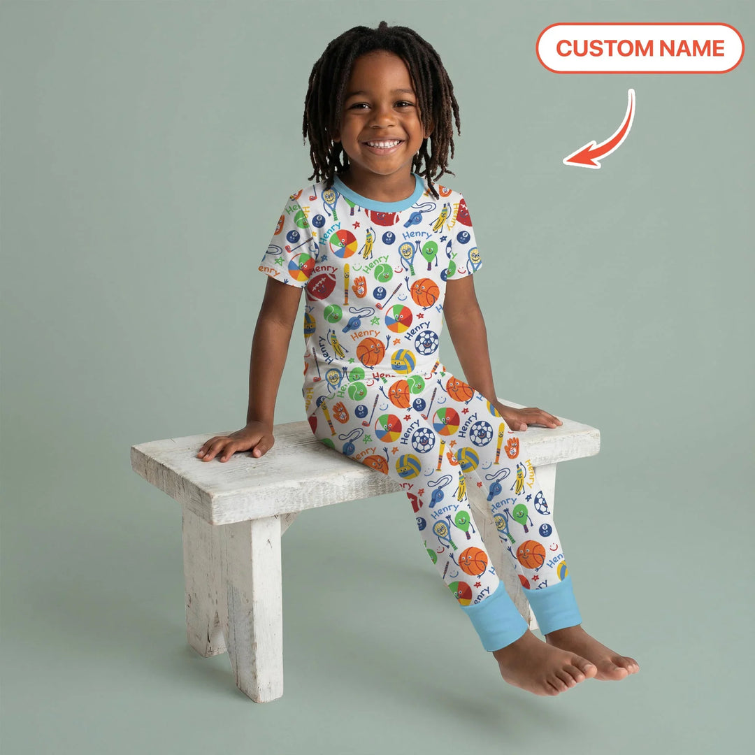 Play Ball Custom Name Bamboo Two Piece Short Sleeve Pajama Set