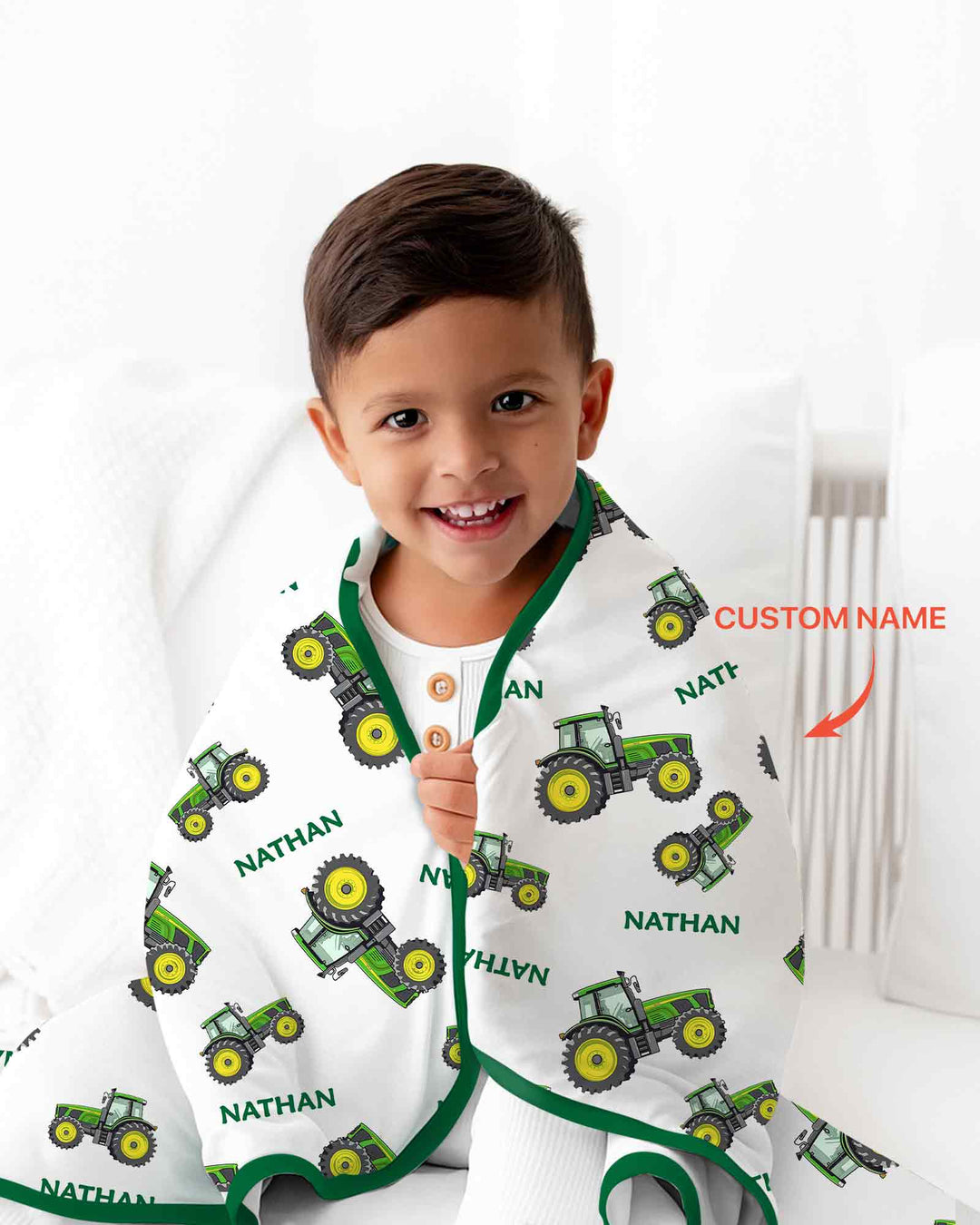 Custom Name Green Tractors Matching Daddy & Me Bamboo Blanket