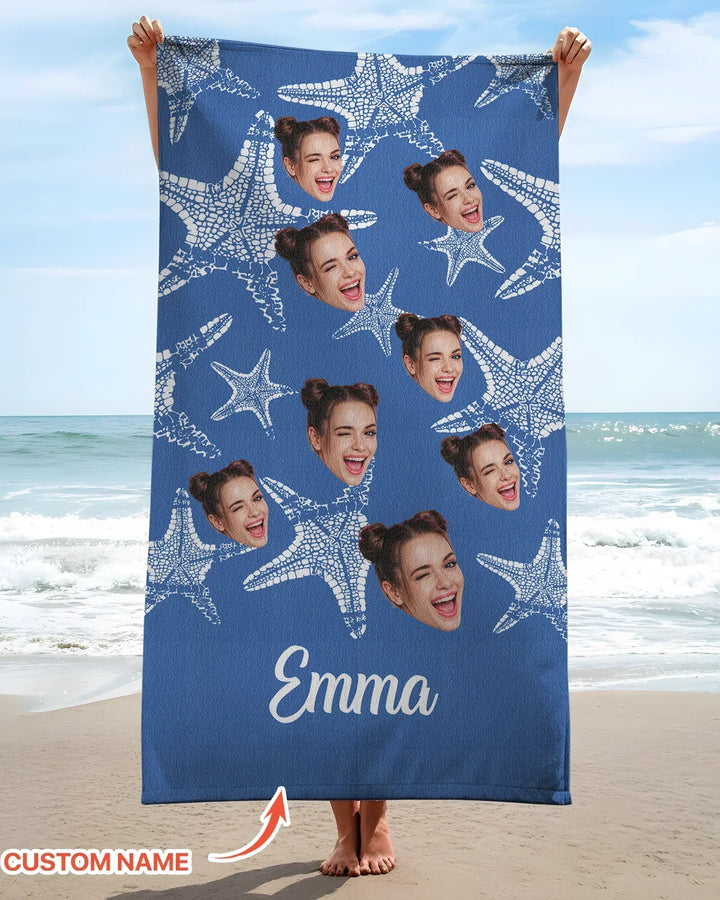 Custom Photo Starfish With Names Bamboo Beach Towel