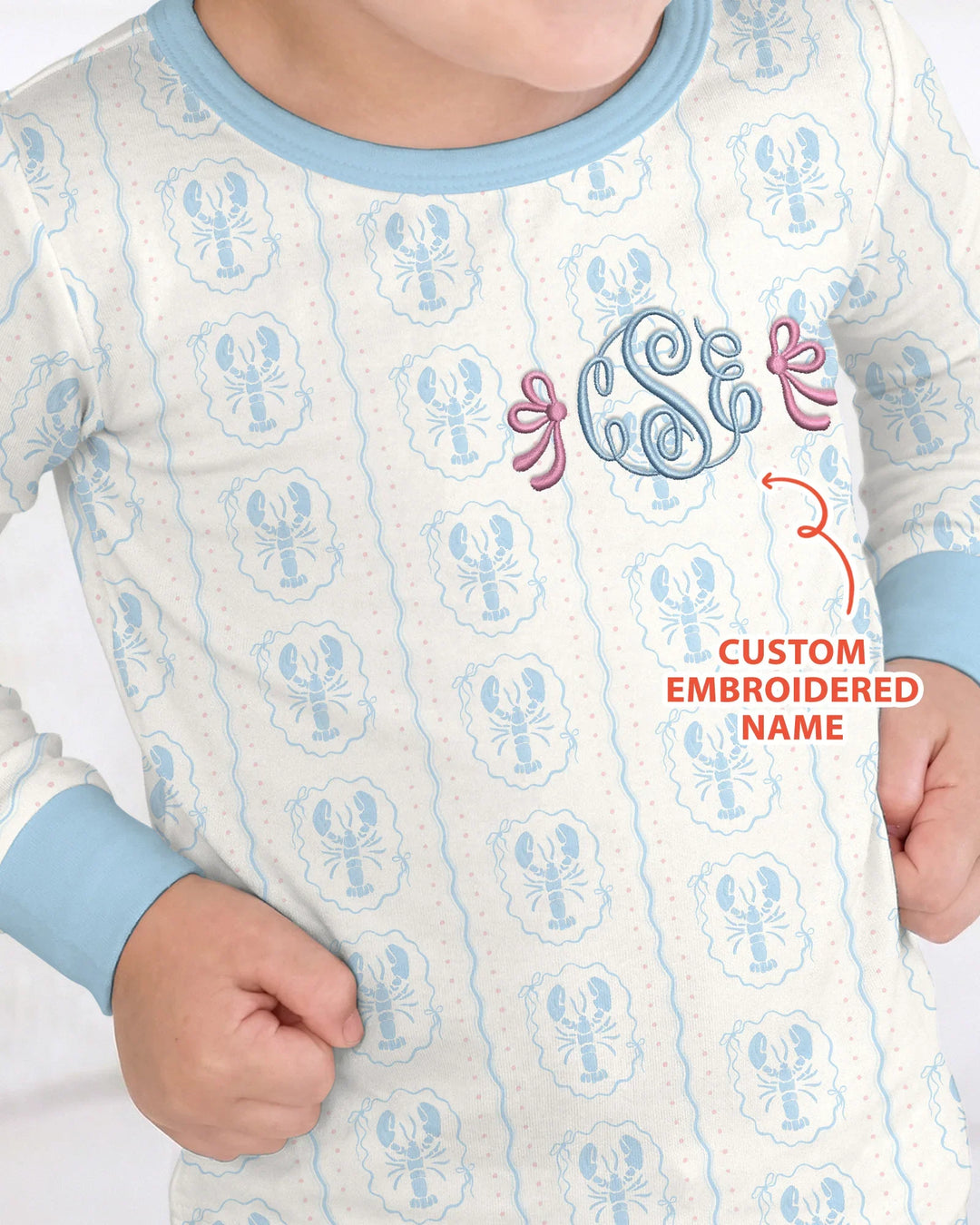 Custom Monogram Letter Embroidered Baby Bamboo Two Piece Long Sleeve Pajama Set