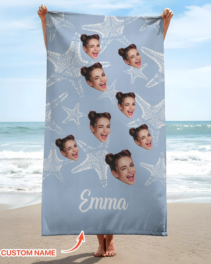 Custom Photo Starfish With Names Bamboo Beach Towel