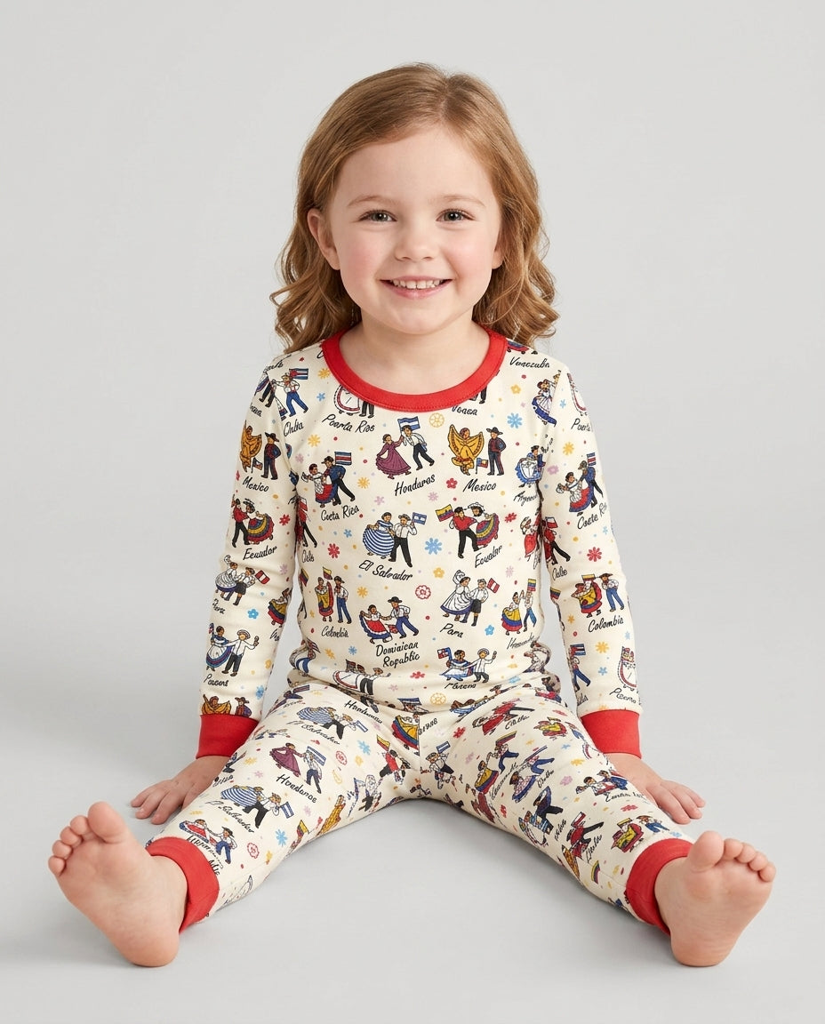 Hispanic Traditional Folkloric Dress Bamboo Two Piece Long Sleeve Pajama Set
