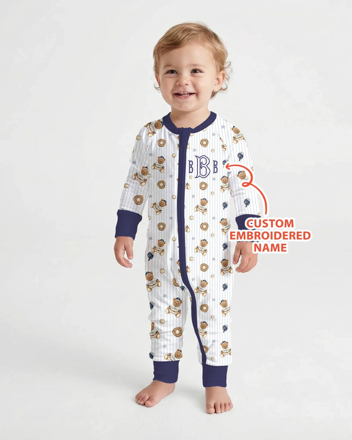 Personalized Embroidered Teddy Bear Baseball Baby Bamboo Convertible Zippy