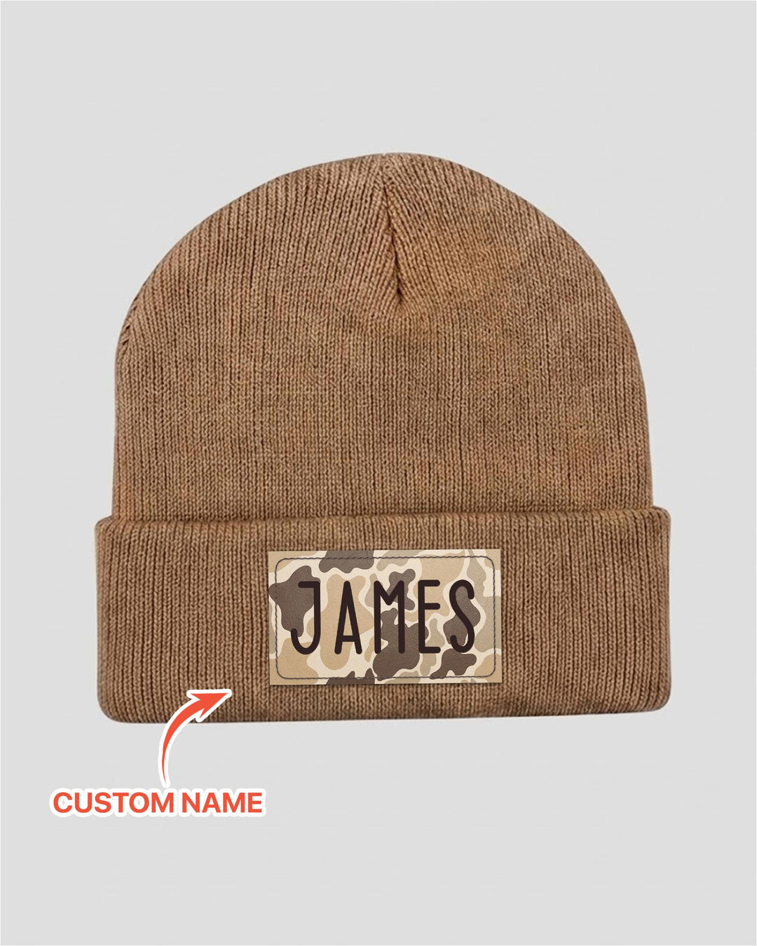 Custom Name Camo Leather Patch Beanie