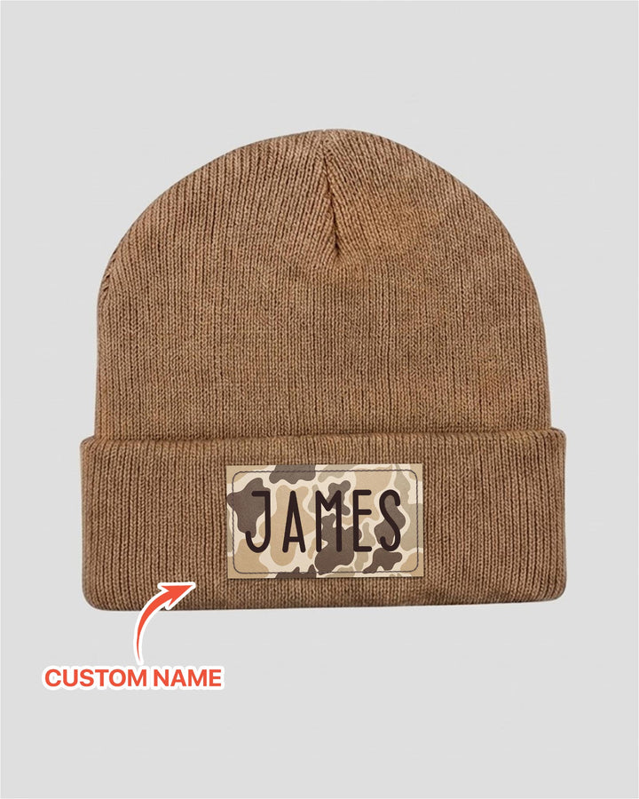 Custom Name Camo Leather Patch Beanie