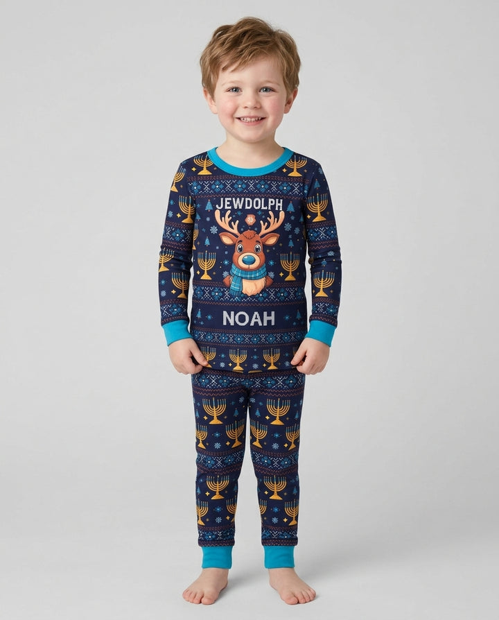 Custom Name Jewdolph Hanukkah Bamboo Two Piece Long Sleeve Pajama Set