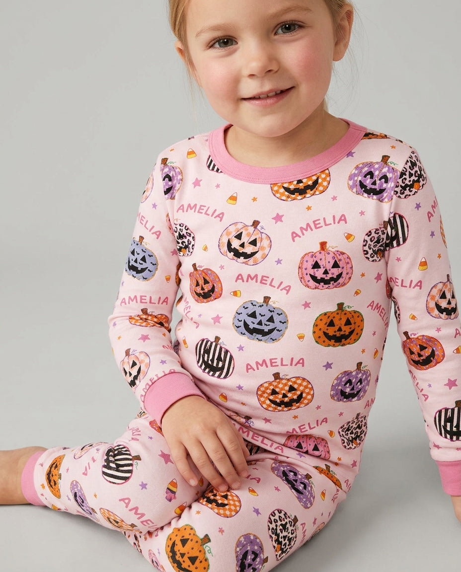Custom Name Colorful Jack O Lantern Bamboo Two Piece Long Sleeve Pajama Set