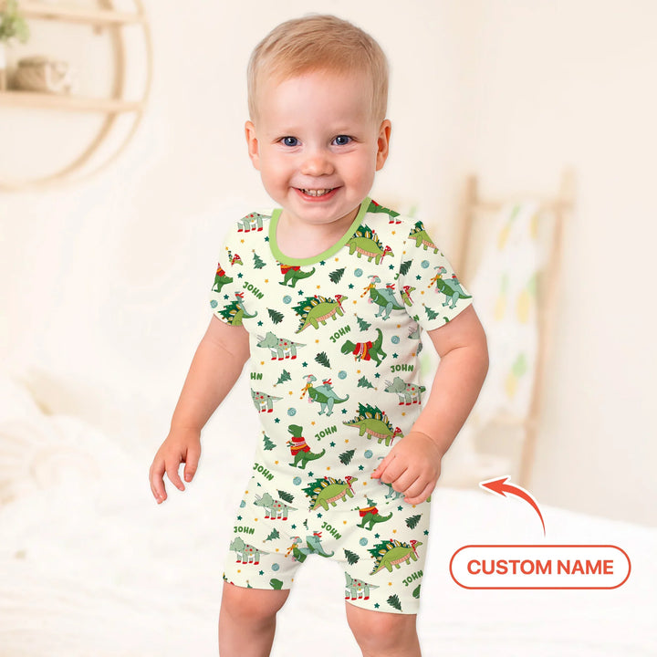 Custom Name Dinosaurs Christmas Tree Bamboo Two Piece Short Sleeve Shorts Pajama Set