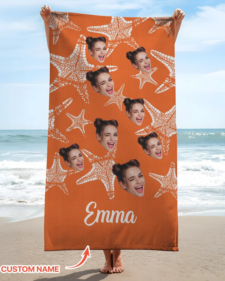 Custom Photo Starfish With Names Bamboo Beach Towel