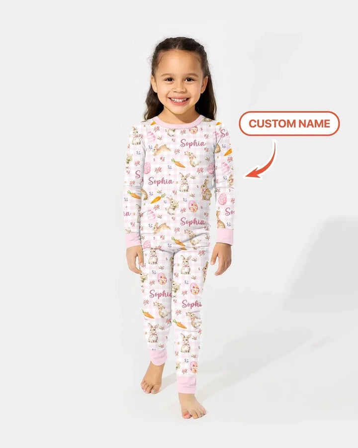 Custom Name Bunny Garden Bamboo Two Piece Long Sleeve Pajama Set