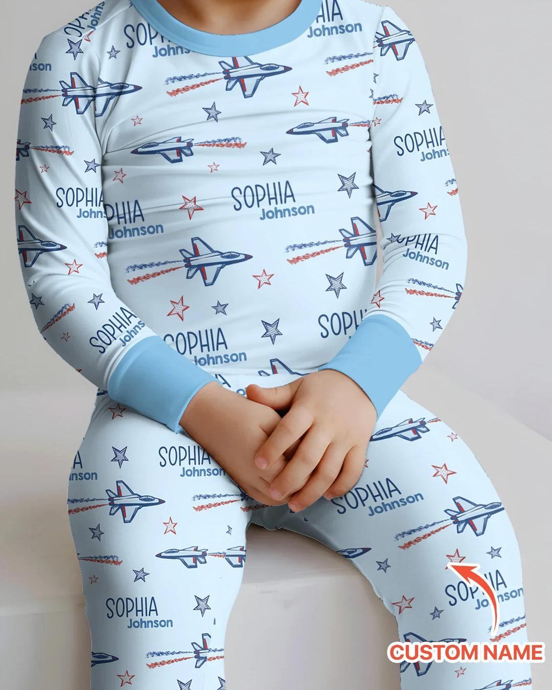 Patriotic American Flag Jet Fighter Bamboo Two Piece Long Sleeve Pajama Set