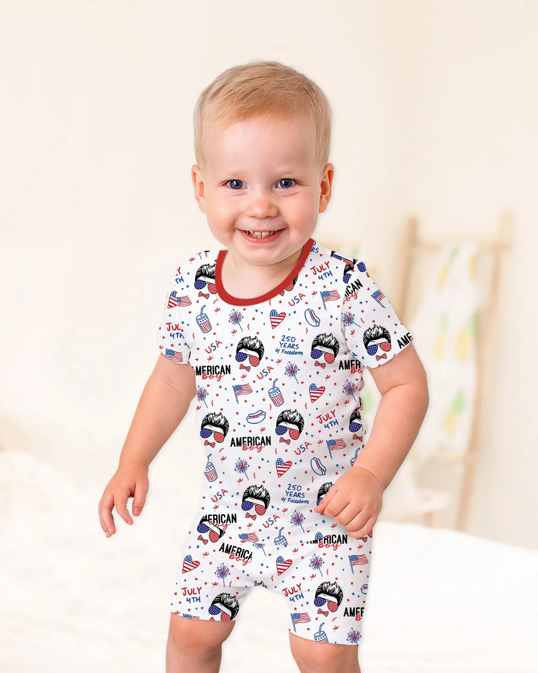 Doodle American Flag Glasses Family Matching Bamboo Two Piece Short Sleeve Shorts Pajama Set