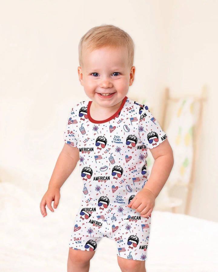 Doodle American Flag Glasses Family Matching Bamboo Two Piece Short Sleeve Shorts Pajama Set
