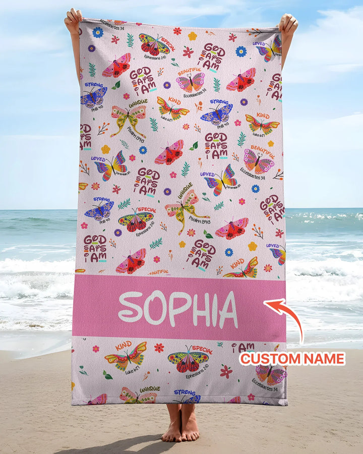 Custom Name God Says I Am Butterfly Beach Towel
