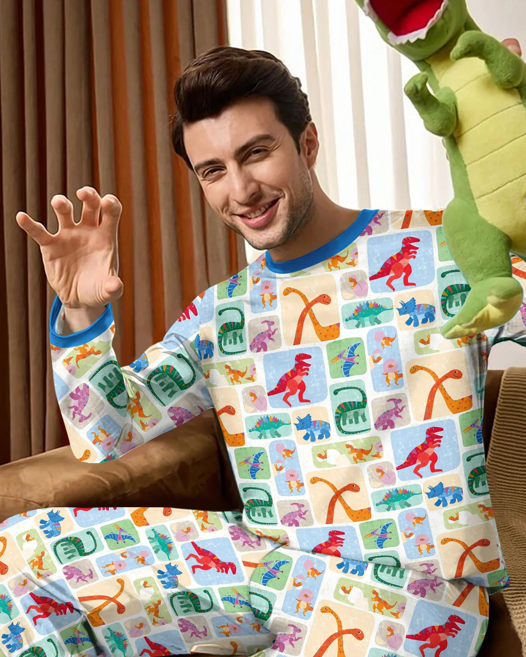 Rainbow Dino Friends Family Matching Bamboo Men's Pajama Set