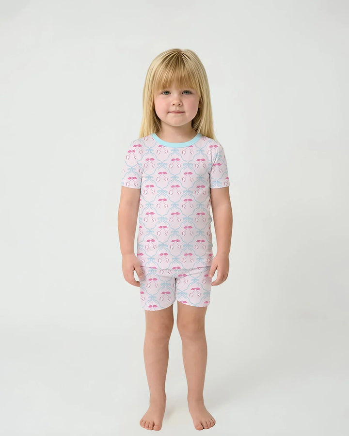 Cherry Baseball Softball Mom and Girl Matching Bamboo Two Piece Short Sleeve Shorts Pajama Set